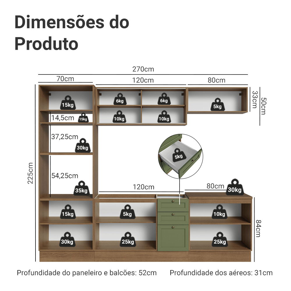 Armário de Cozinha Completa 270 cm Rustic/Verde Vik Madesa 02