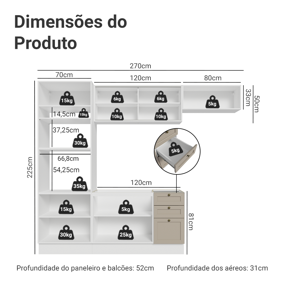 Armário de Cozinha Completa 270 cm Branco/Crema Vik Madesa 03
