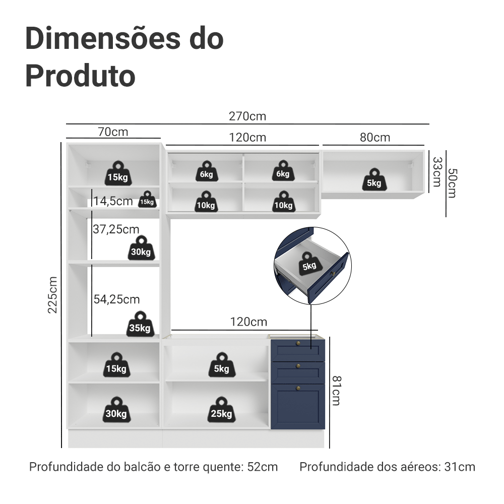 Armário de Cozinha Completa 270 cm Branco/Azul Vik Madesa 03