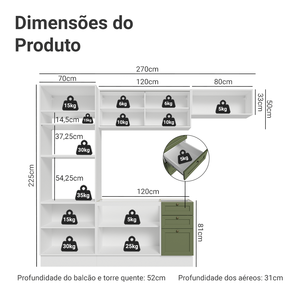 Armário de Cozinha Completa 270 cm Branco/Verde Vik Madesa 03