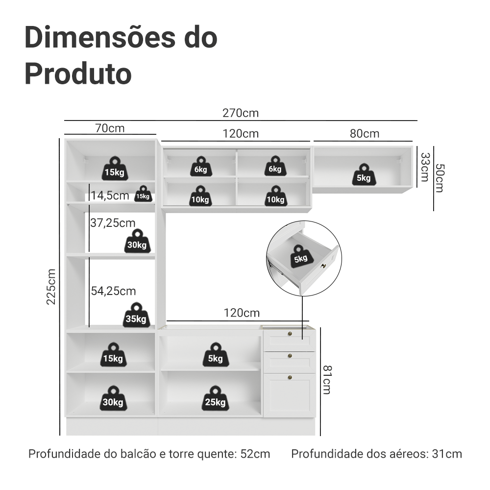 Armário de Cozinha Completa 270 cm Branco Vik Madesa 04