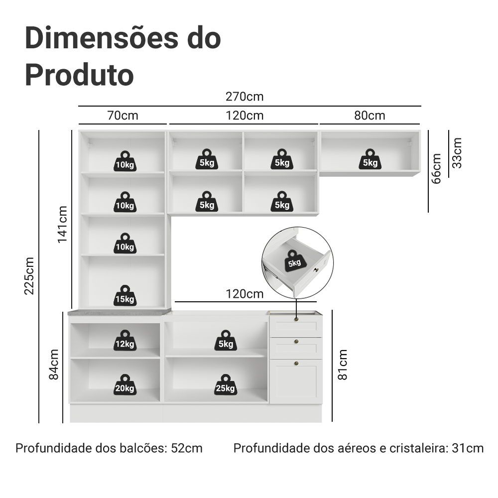 Armário de Cozinha Completa 270 cm Branco Vik Madesa 05