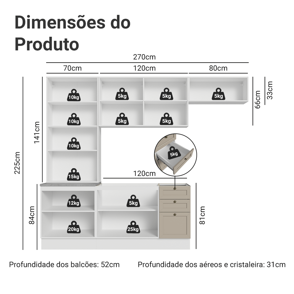 Armário de Cozinha Completa 270 cm Branco/Crema Vik Madesa 05