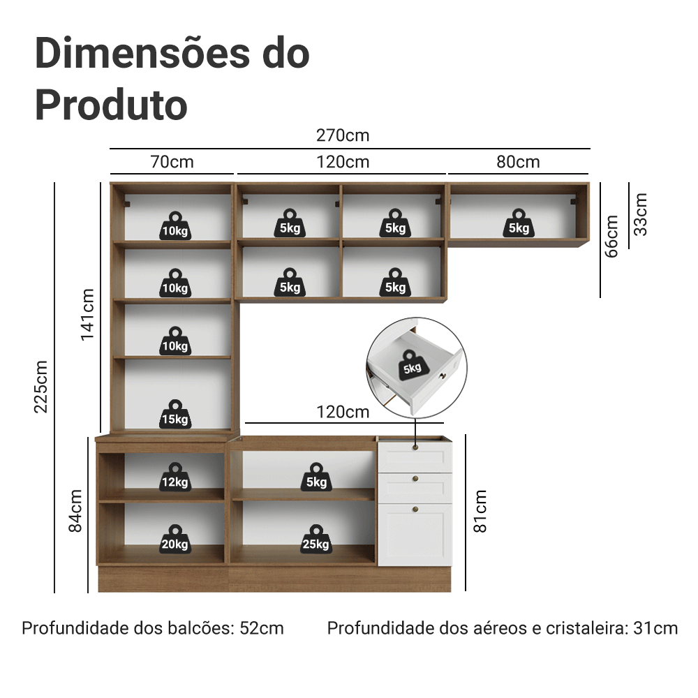 Armário de Cozinha Completa 270 cm Rustic/Branco Vik Madesa 05