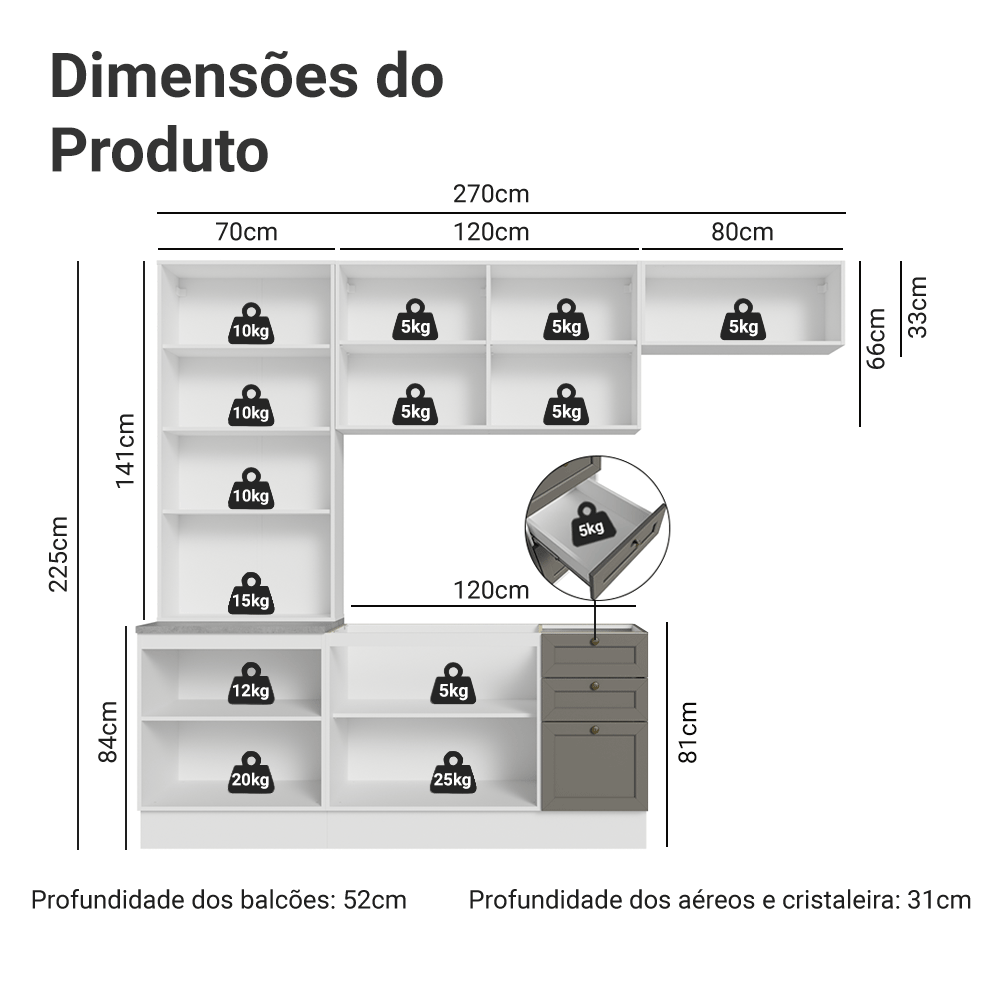 Armário de Cozinha Completa 270 cm Branco/Cinza Vik Madesa 05