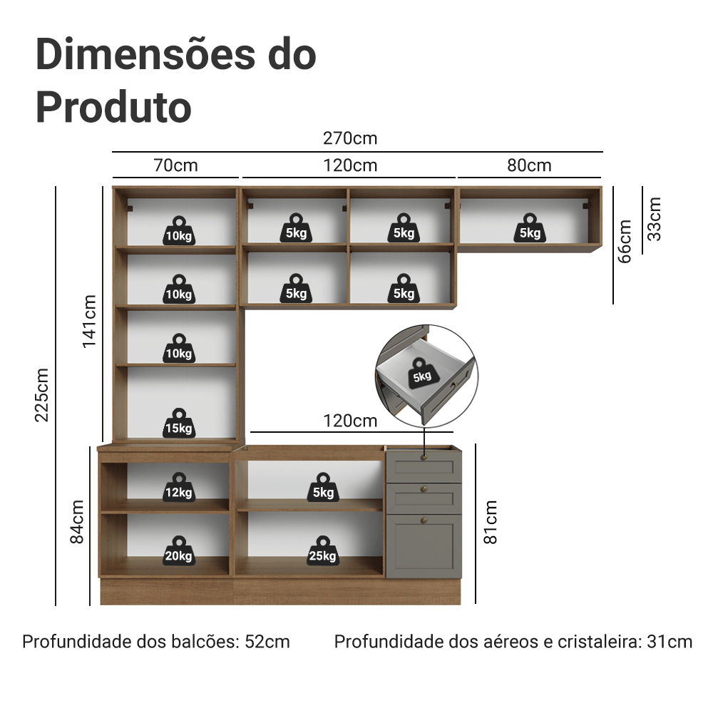 Armário de Cozinha Completa 270 cm Rustic/Cinza Vik Madesa 05