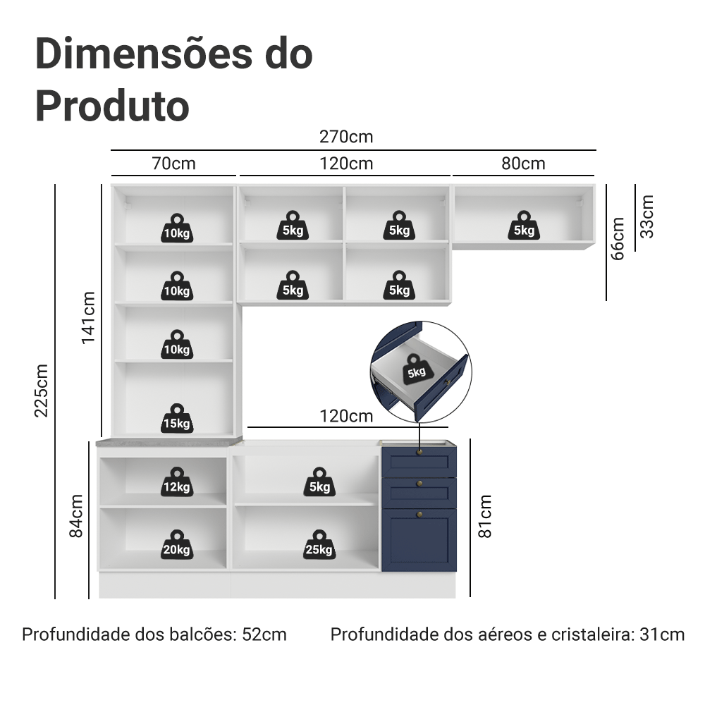 Armário de Cozinha Completa 270 cm Branco/Azul Vik Madesa 05