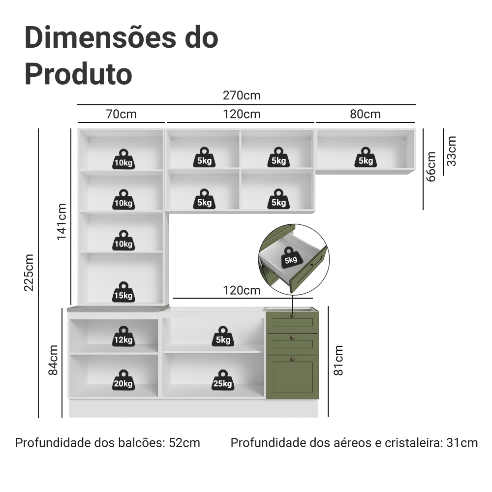 Armário de Cozinha Completa 270 cm Branco/Verde Vik Madesa 05