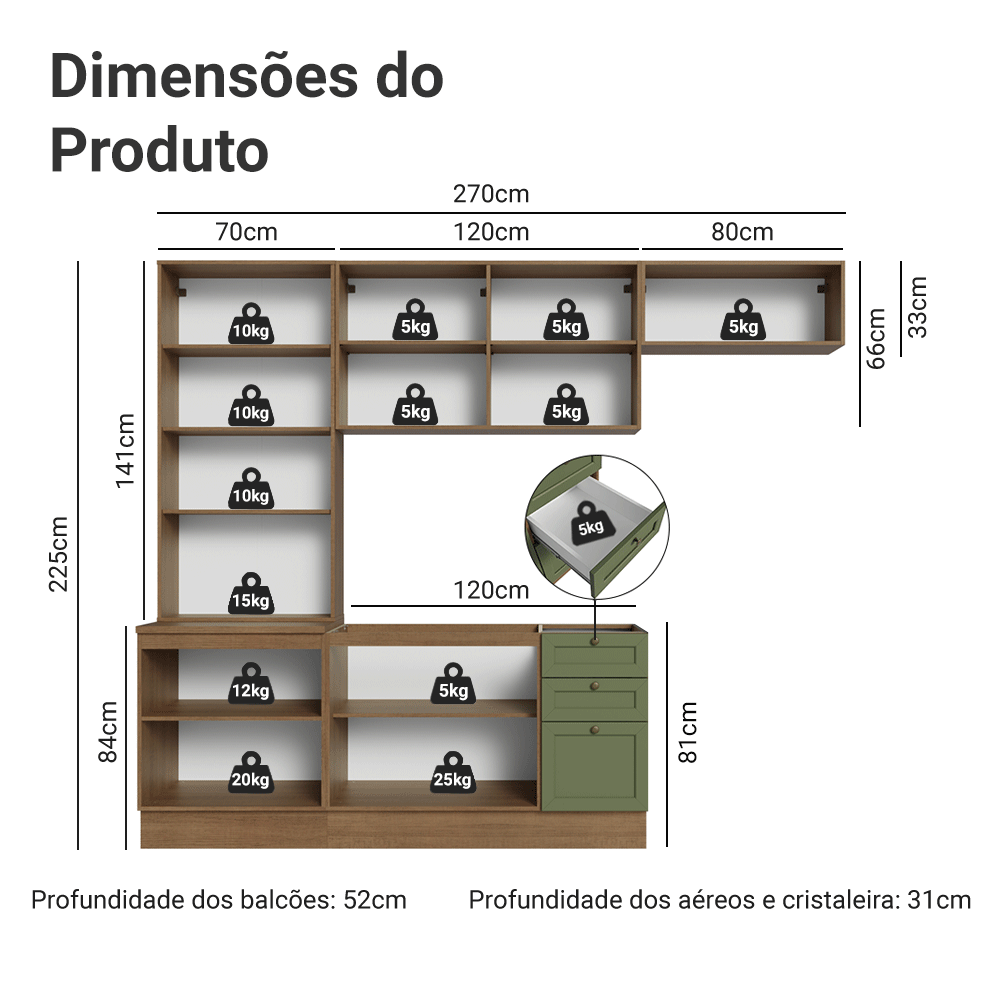 Armário de Cozinha Completa 270 cm Rustic/Verde Vik Madesa 05
