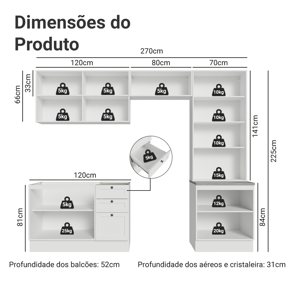 Armário de Cozinha Completa 270 cm Branco Vik Madesa 06