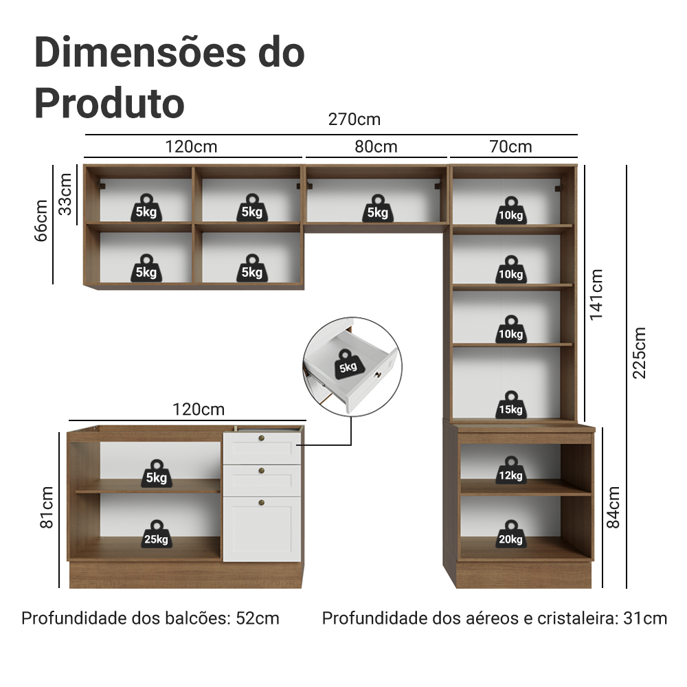 Armário de Cozinha Completa 270 cm Rustic/Branco Vik Madesa 06