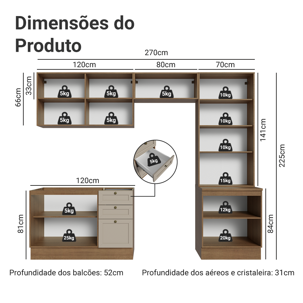 Armário de Cozinha Completa 270 cm Rustic/Crema Vik Madesa 06