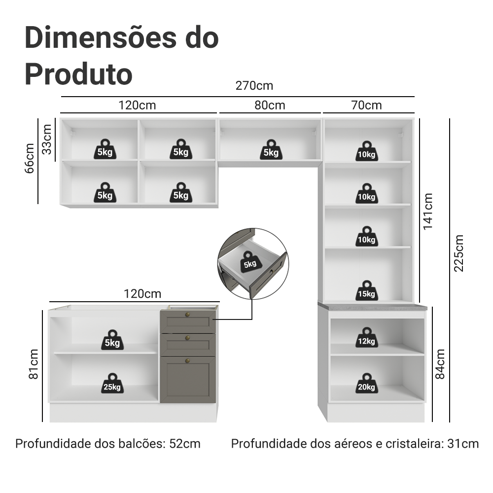 Armário de Cozinha Completa 270 cm Branco/Cinza Vik Madesa 06