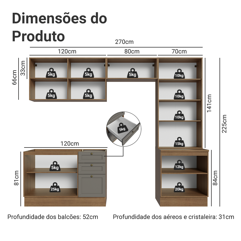 Armário de Cozinha Completa 270 cm Rustic/Cinza Vik Madesa 06