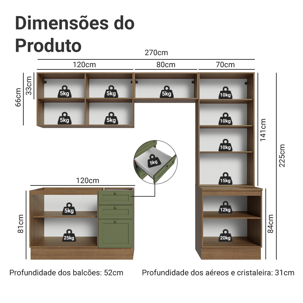 Armário de Cozinha Completa 270 cm Rustic/Verde Vik Madesa 06