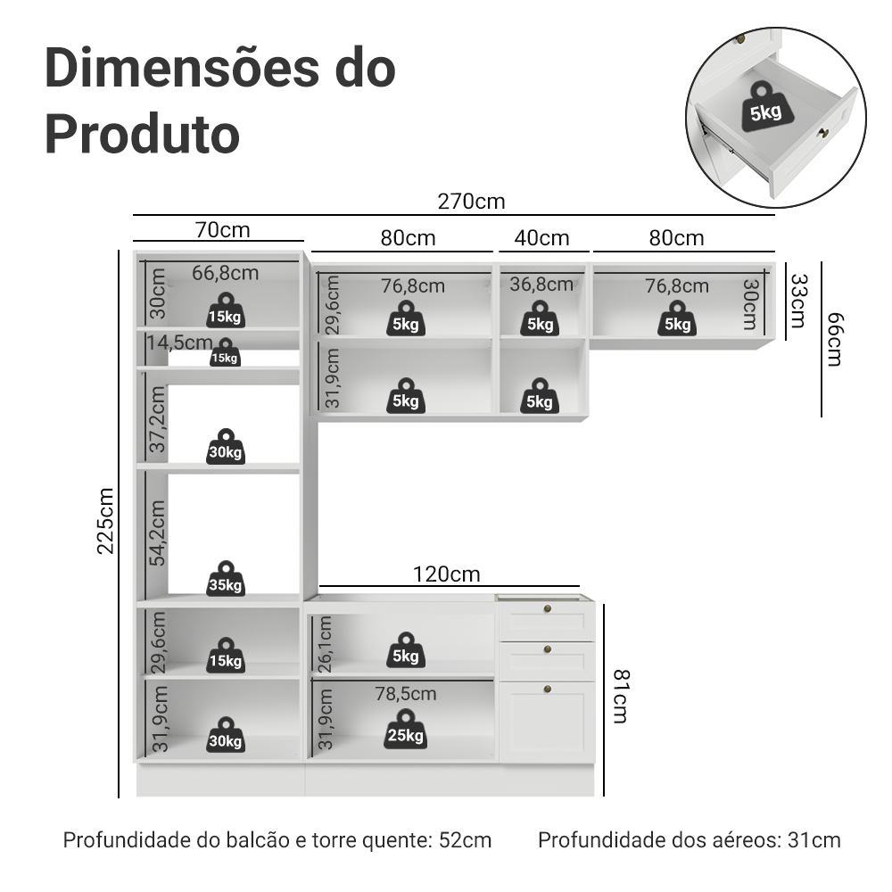 Armário de Cozinha Completa 270 cm Branco Vik Madesa 07