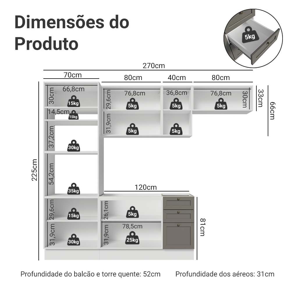Armário de Cozinha Completa 270 cm Branco/Cinza Vik Madesa 07