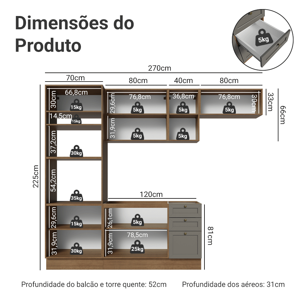 Armário de Cozinha Completa 270 cm Rustic/Cinza Vik Madesa 07