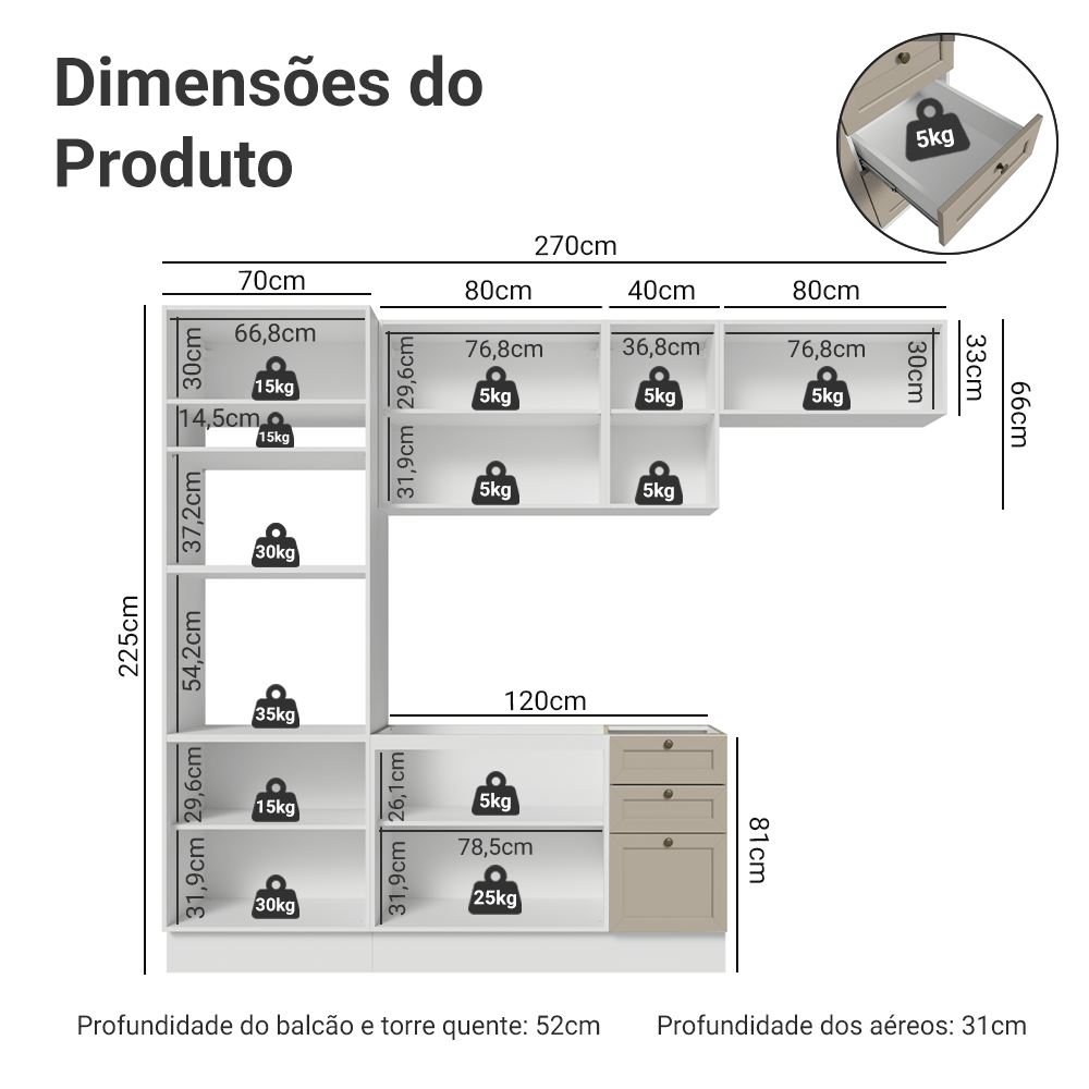 Armário de Cozinha Completa 270 cm Branco/Crema Vik Madesa 07