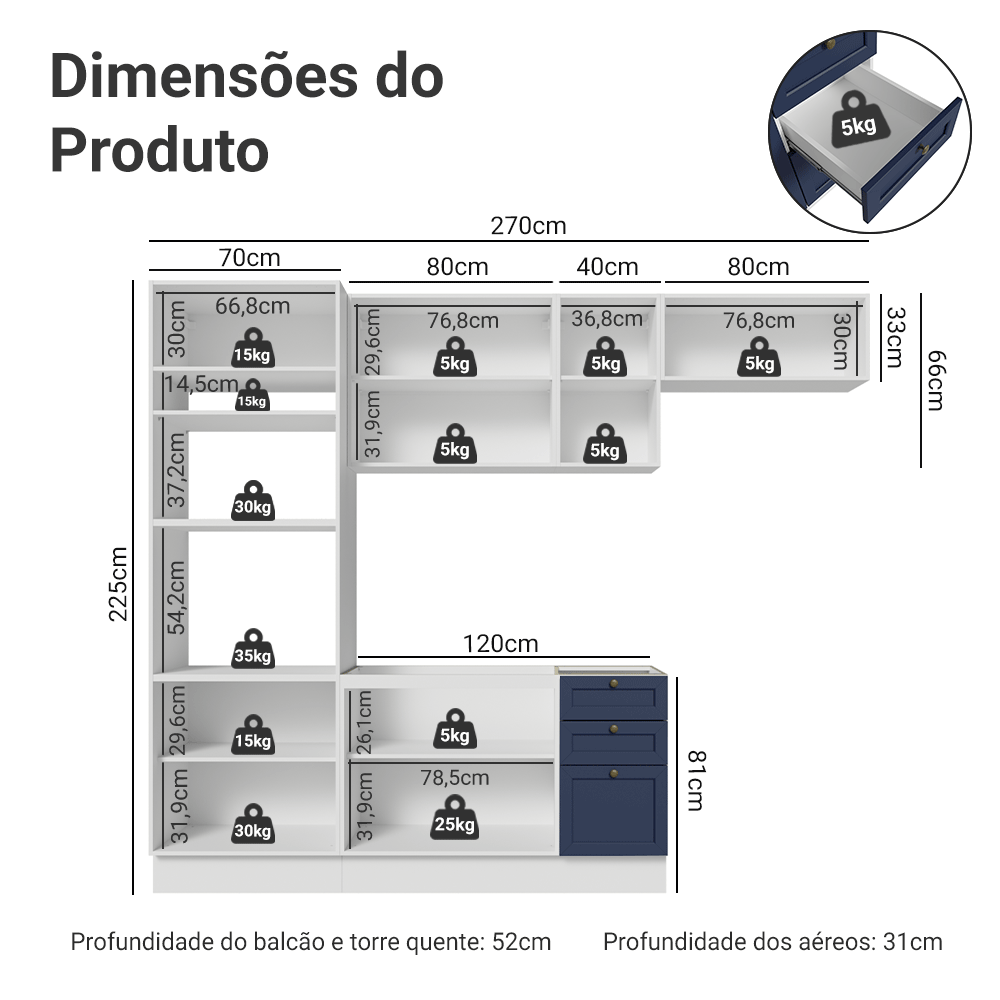 Armário de Cozinha Completa 270 cm Branco/Azul Vik Madesa 07