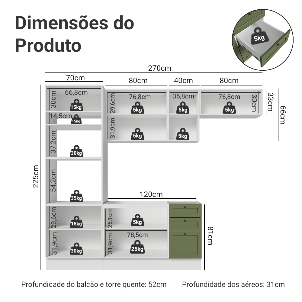 Armário de Cozinha Completa 270 cm Branco/Verde Vik Madesa 07