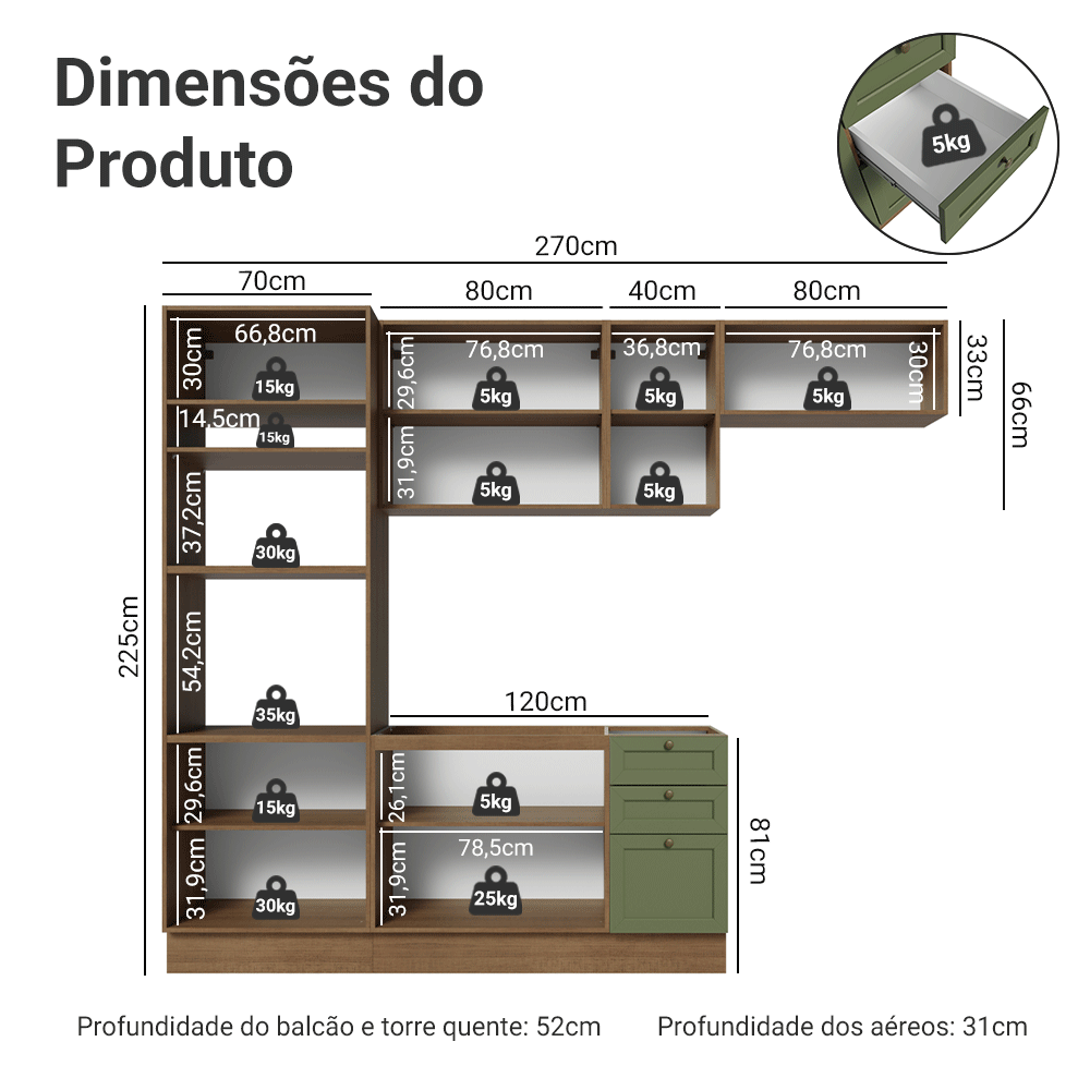 Armário de Cozinha Completa 270 cm Rustic/Verde Vik Madesa 07