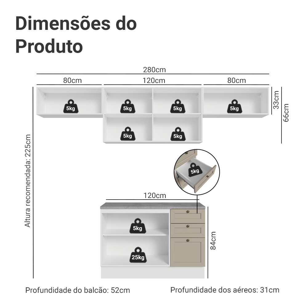 Armário de Cozinha Completa 280 cm Branco/Crema Vik Madesa 01