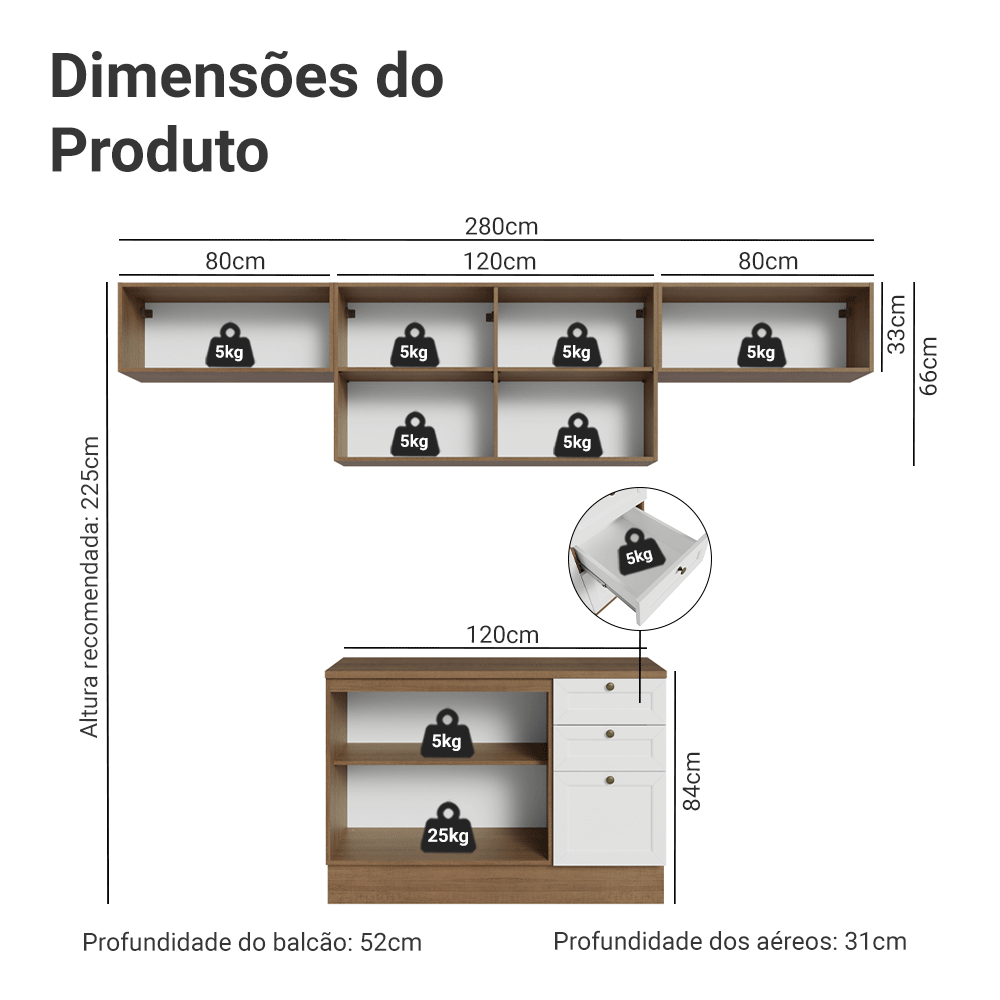 Armário de Cozinha Completa 280 cm Rustic/Branco Vik Madesa 01