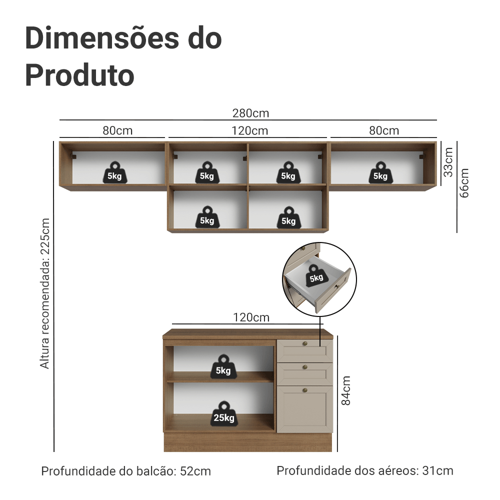 Armário de Cozinha Completa 280 cm Rustic/Crema Vik Madesa 01