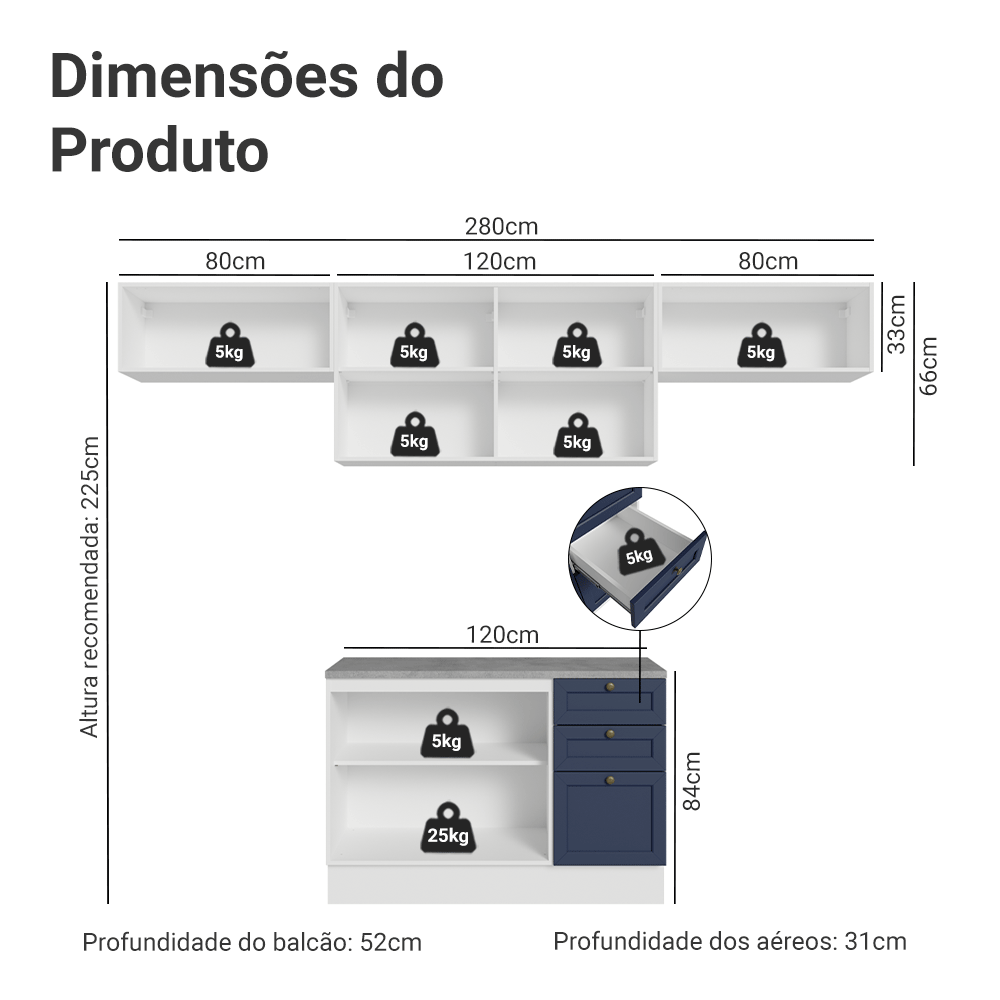 Armário de Cozinha Completa 280 cm Branco/Azul Vik Madesa 01