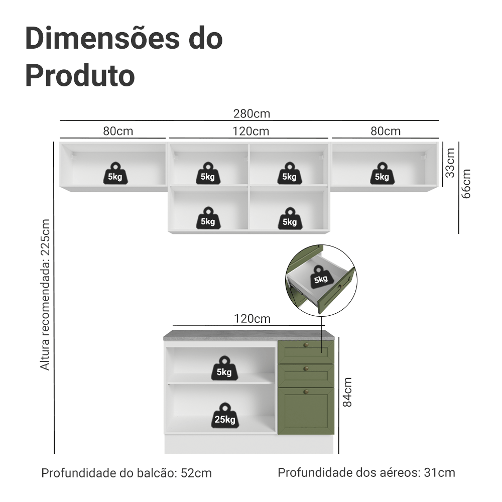 Armário de Cozinha Completa 280 cm Branco/Verde Vik Madesa 01