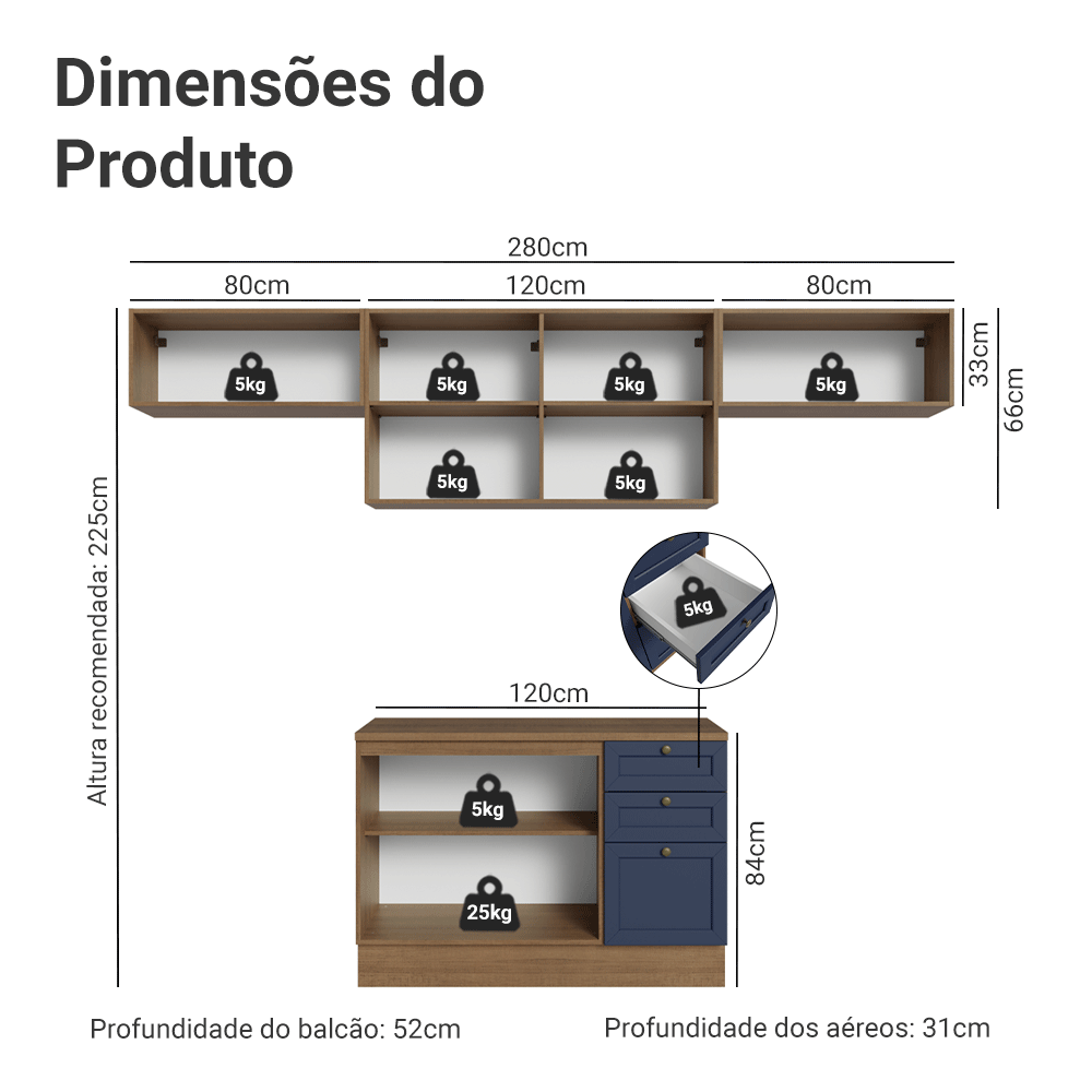 Armário de Cozinha Completa 280 cm Rustic/Azul Vik Madesa 01