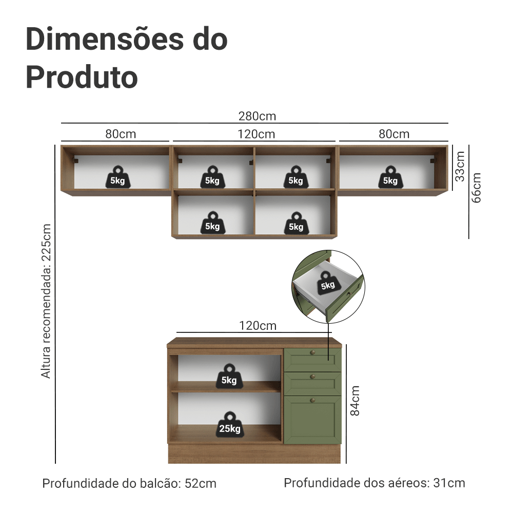Armário de Cozinha Completa 280 cm Rustic/Verde Vik Madesa 01