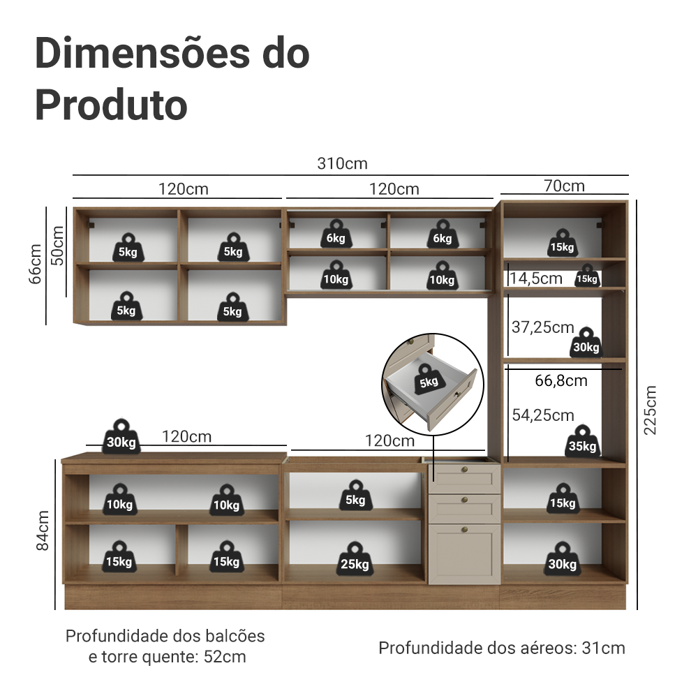 Armário de Cozinha Completa 310 cm Rustic/Crema Vik Madesa 01
