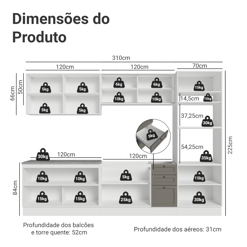 Armário de Cozinha Completa 310 cm Branco/Cinza Vik Madesa 01