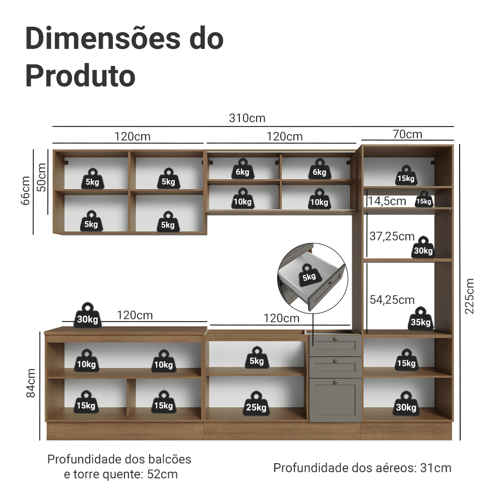 Armário de Cozinha Completa 310 cm Rustic/Cinza Vik Madesa 01