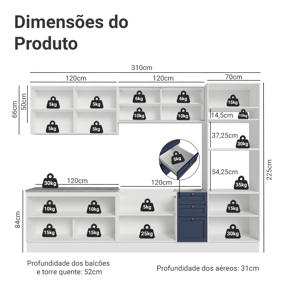 Armário de Cozinha Completa 310 cm Branco/Azul Vik Madesa 01