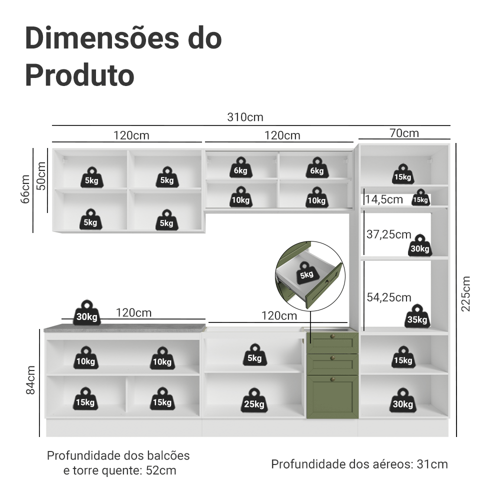 Armário de Cozinha Completa 310 cm Branco/Verde Vik Madesa 01
