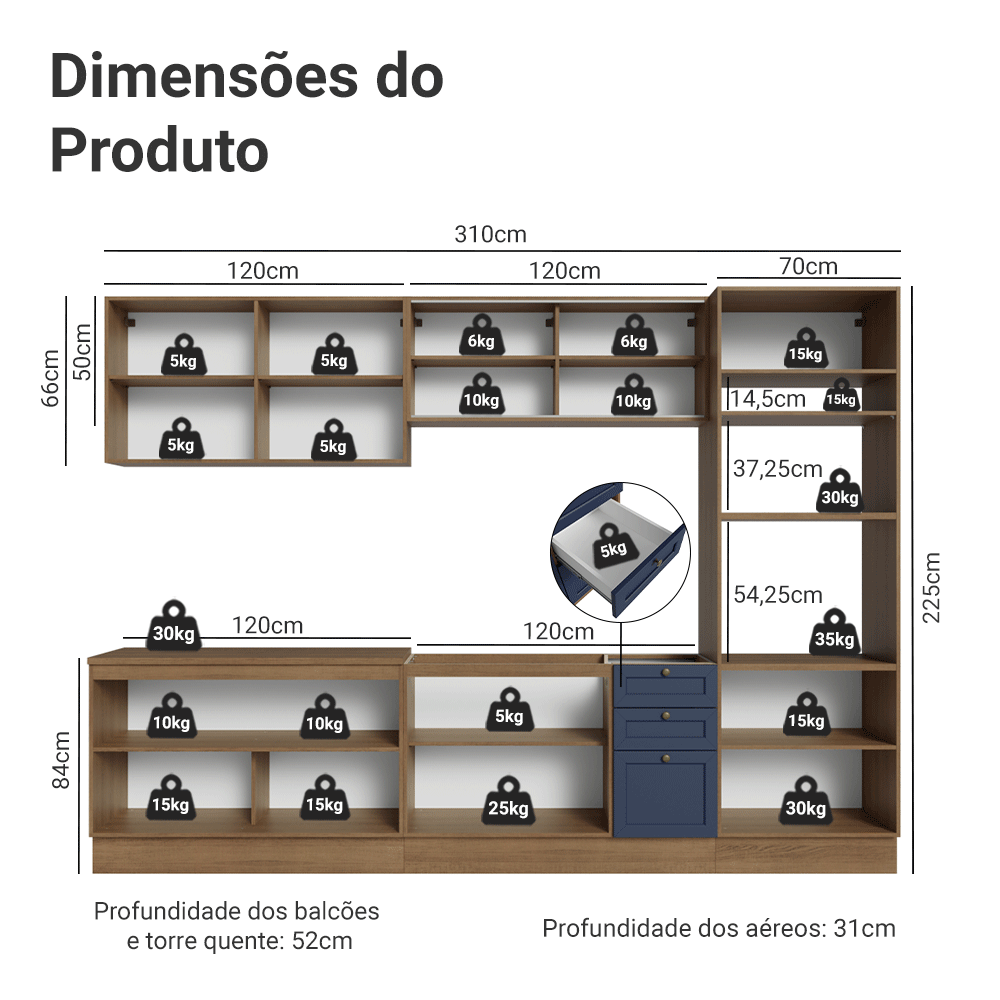 Armário de Cozinha Completa 310 cm Rustic/Azul Vik Madesa 01