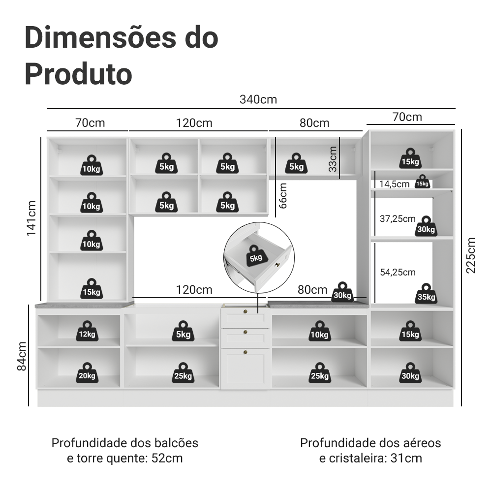 Armário de Cozinha Completa 340 cm Branco Vik Madesa 01