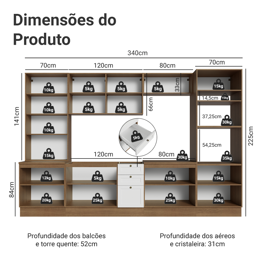 Armário de Cozinha Completa 340 cm Rustic/Branco Vik Madesa 01