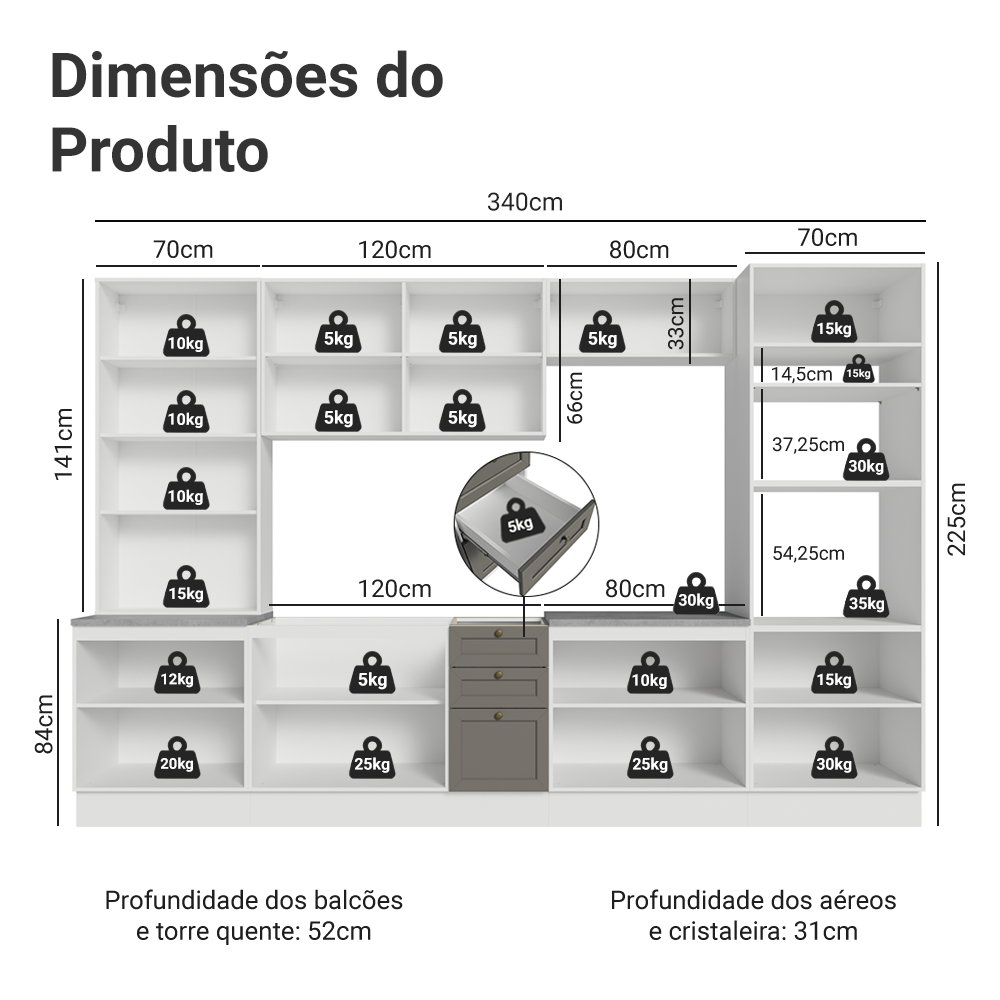 Armário de Cozinha Completa 340 cm Branco/Cinza Vik Madesa 01