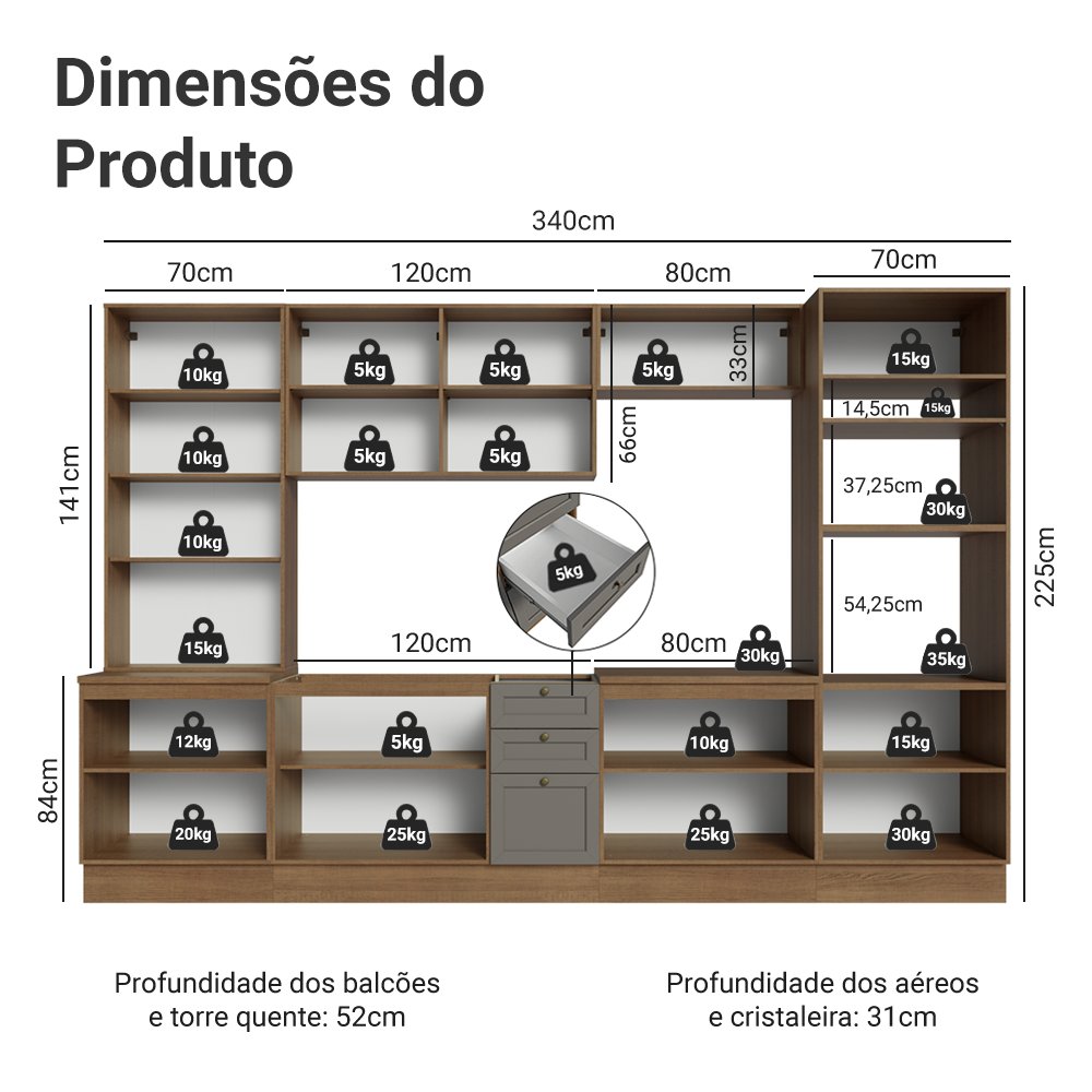 Armário de Cozinha Completa 340 cm Rustic/Cinza Vik Madesa 01