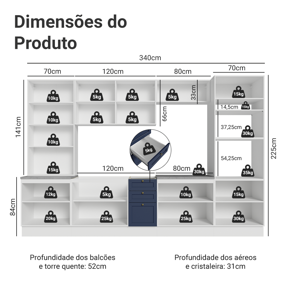 Armário de Cozinha Completa 340 cm Branco/Azul Vik Madesa 01