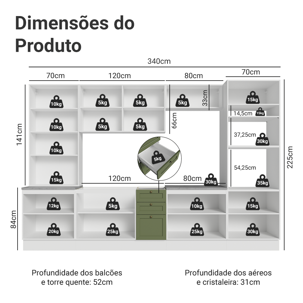 Armário de Cozinha Completa 340 cm Branco/Verde Vik Madesa 01