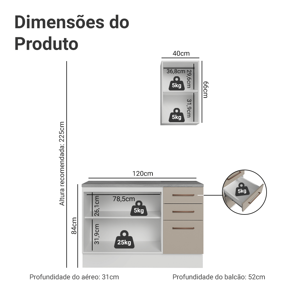 Conjunto Gabinete para Banheiro 120cm 3 Portas 3 Gavetas Branco/Crema Agata Madesa 01