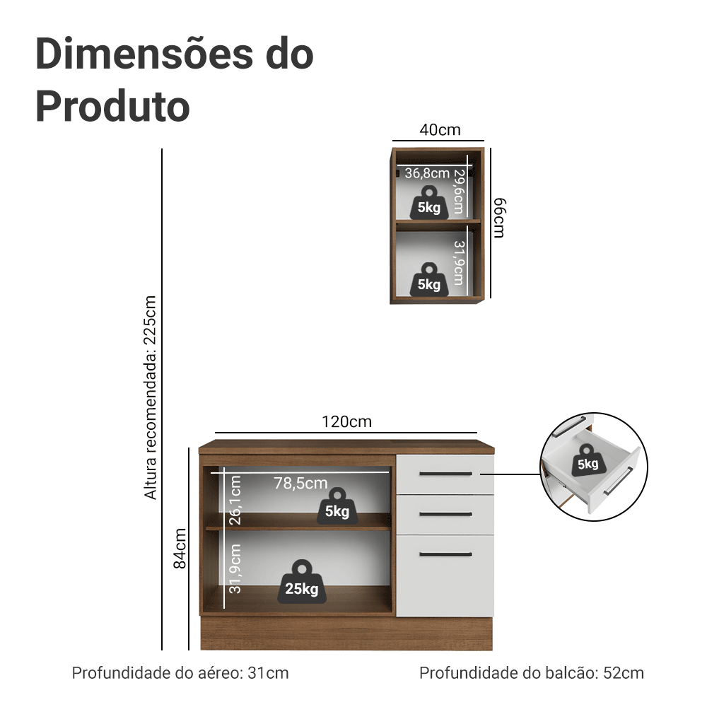 Conjunto Gabinete para Banheiro 120cm 3 Portas 3 Gavetas Rustic/Branco Agata Madesa 01