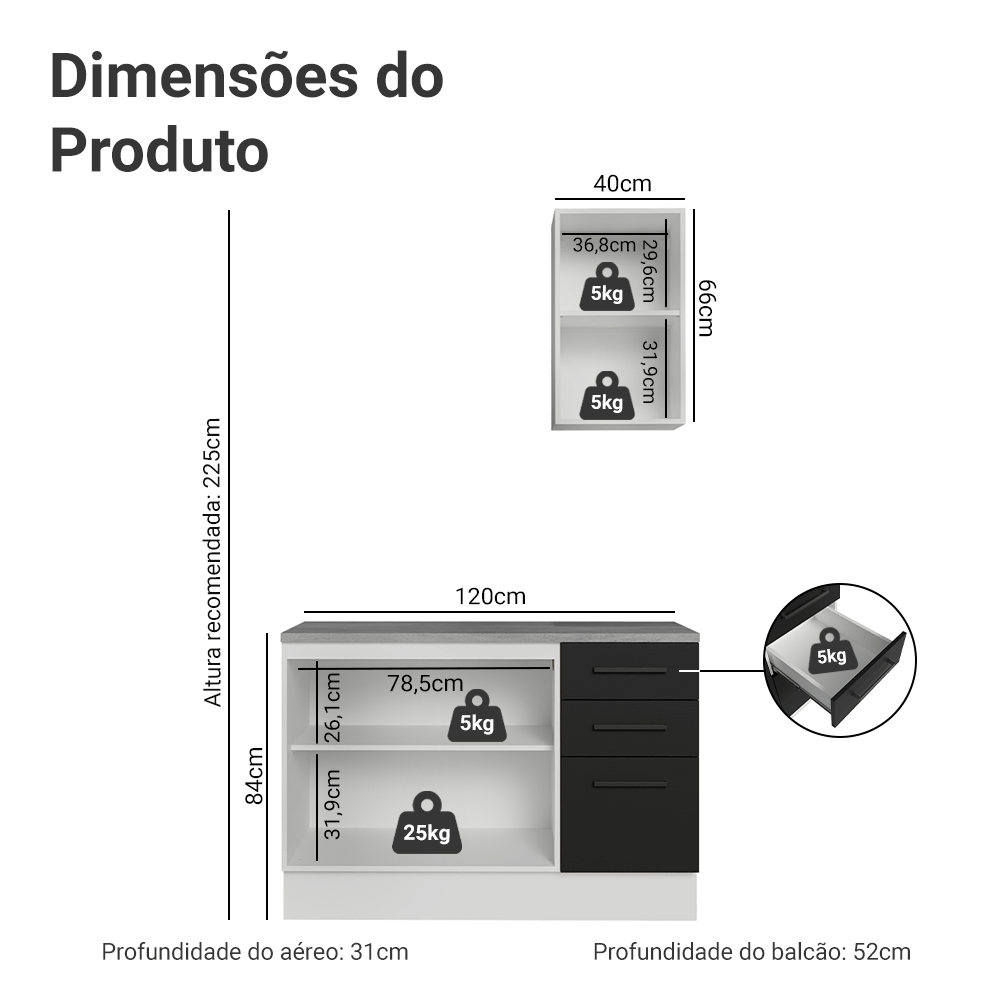 Conjunto Gabinete para Banheiro 120cm 3 Portas 3 Gavetas Branco/Preto Agata Madesa 01