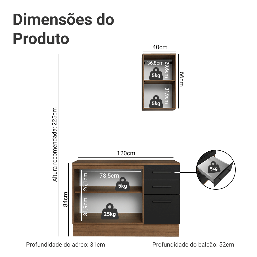 Conjunto Gabinete para Banheiro 120cm 3 Portas 3 Gavetas Rustic/Preto Agata Madesa 01