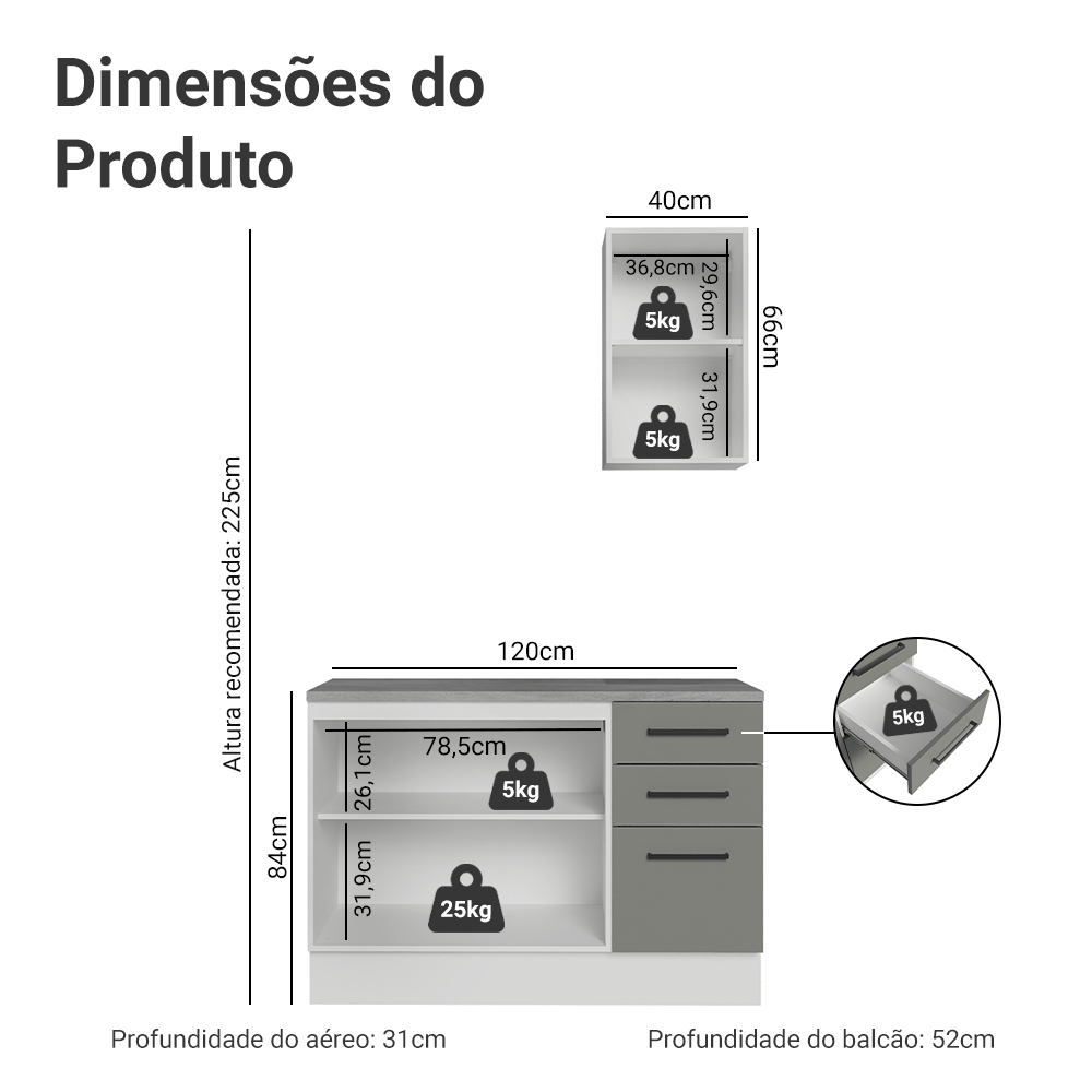 Conjunto Gabinete para Banheiro 120cm 3 Portas 3 Gavetas Branco/Cinza Agata Madesa 01